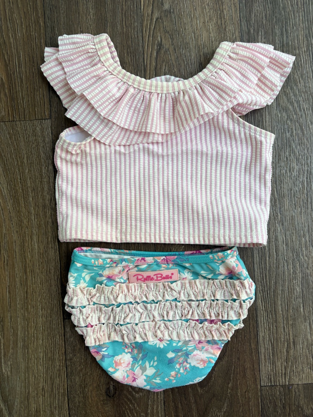 Ruffle Butts Pink & Aqua Floral Ruffle 2 piece swimsuit girls